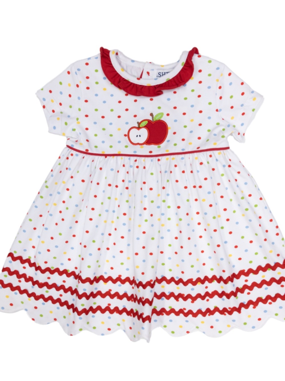 Ishtex Apple Applique Dress ruffle, dotted school classic  scallop trim ric rac